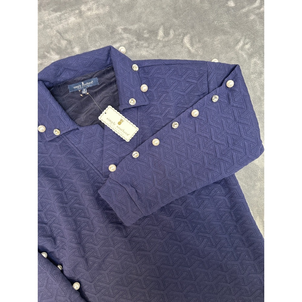Simply Southern Navy Quilted Pullover Pearl Rhinestone Button Top Small NEW